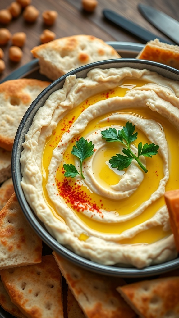 A bowl of creamy hummus with pita bread wedges on a rustic table.